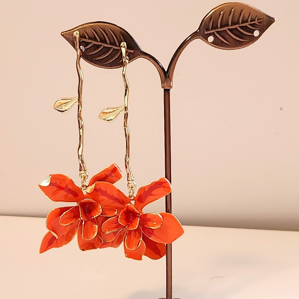 Orange Enamel Flower Vine‎ Stem Drop Earrings Gold Tone Botanical Statement